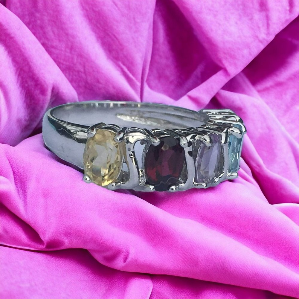 Lovely Sterling Silver Women's Multi-Stone Ring, Size 7, Garnet Amethyst Topaz - Picture 6 of 10